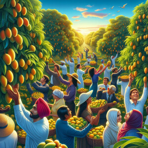 Mango being harvested by 10 - 12 people manually in a mango orch...