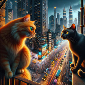 An orange cat engaging in a conversation with a black cat amidst...