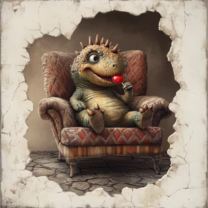 A cute little dinosaur with a fun, happy expression, is sitting on a vintage quilted reading chair.  His head shows the nobbed spikes of a dinosaur. He has a bright shiny red lollipop in his hand and is licking it. His tongue shows that he is licking the lollipop. The scene is shown in dark lighting with the light accetuated on the dinosaur. The scene is shown through a hole in the wall. The floor part of the scene is vintage dark cobble stones. The hole in the white wall is realistic.