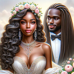 Create a 3-D realistic oil, painting of a beautiful African-American bride. She has long flooring, wavy hair and her gown has beautiful jewels around the neckline. in the background there is a beautiful African-American Jesus Christ with long dreadlocks, and he is smiling. He is very handsome pastel flowers throughout the image.