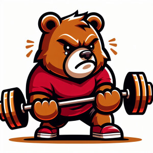 2D icon winnie the pooh with angry face struggling to lift weigh...