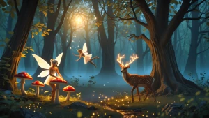 A magical forest at twilight, filled with glowing mist and ancie...