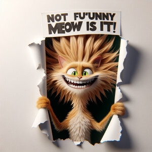 A cartoonish cat with wild, tan tufted hair, a wide grin reveali...