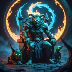 goblin warrior sitting on a throne, with a creature by his side....
