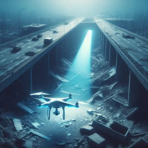 A single drone hovering above a broken highway, scanning the area with a faint beam of blue light