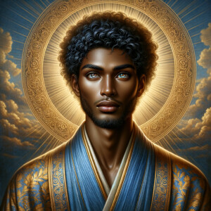 Create a beautiful African-American Jesus Christ with Hazel, brown eyes and blue and gold robe