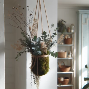 Tronco delgado colgante con moss y ramos de eucalipto, rosemary...