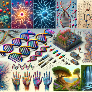 circuitry, diagrams Cellular structures, DNA, circuit boards, colorful wires,  asian and Egyptian  graffiti, lie detector graphs, cardio, printout , branches infinity sign, cave, Art, handprints, distant birds flying, flowering vines, abstract gestural painting, dna