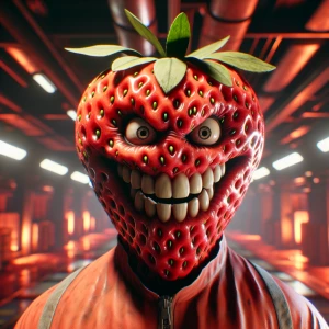 Anthropomorphic strawberry with an exaggerated menacing expressi...