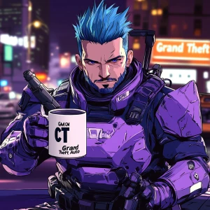 Create an image of a character with spiky blue hair, dressed in...