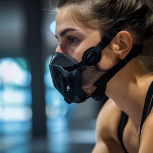 A breathing mask covering mouth and nose suppose to track data a...