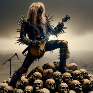 Rock star with long blonde hair dressed in leather and spikes playing a Les Paul guitar with skulls on it screaming into a microphone made of skulls standing on a pile of skulls