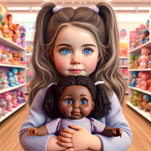 Create a 3-D image of a little girl inside of a very large toy store. The little girl has thick, ponytails and huge blue eyes. She is playing with her favorite doll, the doll is a African-American Cabbage Patch doll. That looks just like her.