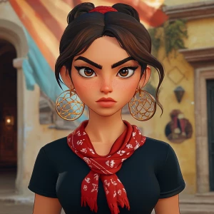 girl with brown hair, thick eyebrows, pumped up lips, potato nos...