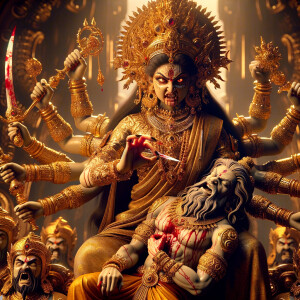 portrait of angry looking, four-armed indian goddess sitting on...