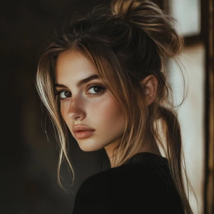 a woman, look to the camera, close up photo, High pony tail hair...