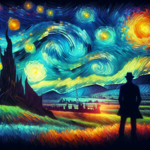 A man's silhouette stands out against a dynamic backdrop, remini...