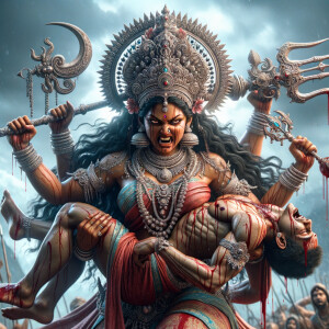 portrait of angry looking goddess durga  carrying a weak mahishasur in her two arms and stabbing him with her amazingly designed trident. She is wearing a huge silver crown, red saree, abundant silver jewelry, covered in blood. The scene is set in ancient India. The image is 8K resolution, cinematic, ultra detailed face and epic.