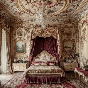 photo of a baroque palace bedroom with canopy bed, baroque class...