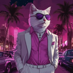 A pastel-colored Shiba cat in a Miami Vice outfit – white suit,...