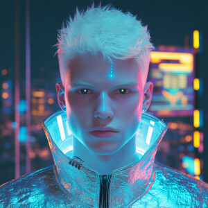 A young man with short, platinum blond hair styled in a sleek, m...