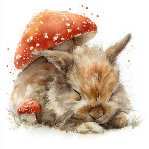 Fluffy brown rabbit sleeping under red spotted mushroom, soft wa...