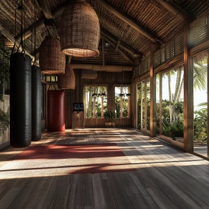 Design an MMA fight camp and fitness center in Bali, Indonesia, that seamlessly blends eco-friendly and natural elements to create a cozy yet modern and stylish environment. Ensure the facility acknowledges local Balinese architectural aesthetics while offering state-of-the-art training amenities suitable for elite fighters.