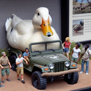 Create a 3d bas relief of a duck sitting inside of a Jeep, facing towards the viewer, little people going to cross the dash