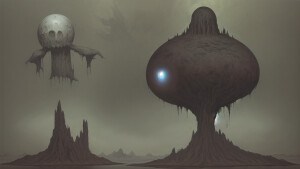 Picture a haunting alien planet, as if through the lens of Zdzis...