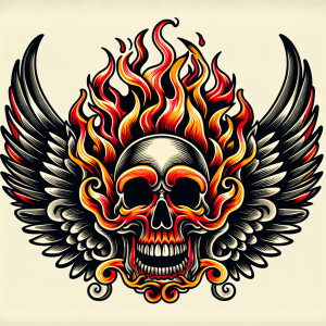 Flaming skull with wings in an  old school tattoo style