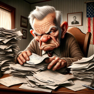 caricature of a 95 year old angry American grandpa sitting at a...