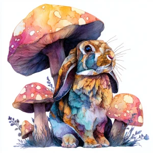 A vibrant illustration of a Rabbit under mushroom, watercolor on...