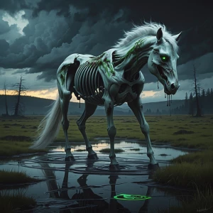 Zombified skeletal horse-beast in a desolate moor under a storm-...