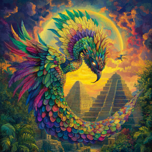 Quetzalcoatl, the Aztec feathered serpent god, depicted as a col...