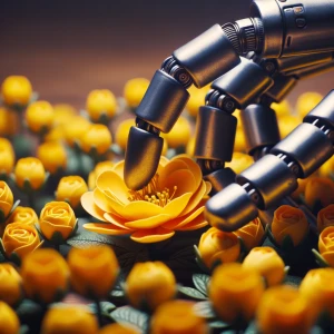 the robot's metal finger touches the yellow petals of the flower...