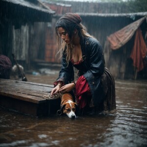 A drenched Wench clothes torn, squatting,  chained to a feeding...