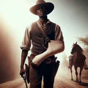 An old west cowboy standing in the middle of the road, six shoot...