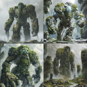 Massive humanoid figures made of ancient stone, covered in moss...