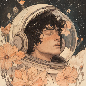 ink style , colored , sketch , A young man inside a space helmet...