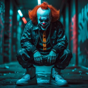 "Create an image of a sinister clown in a trap-style outfit, com...