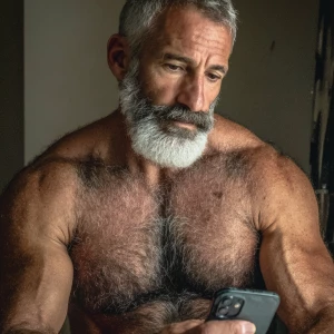 The image shows a middle-aged man with a muscular, hairy physiqu...