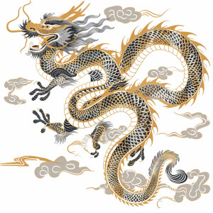 Outlined image of gold eyed Chinese dragon with the main color o...
