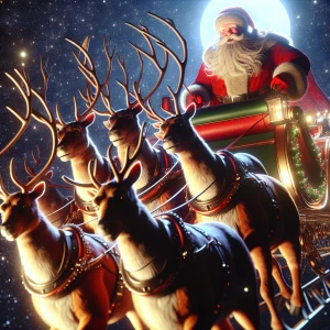 Closeup of Santa Claus his luminous sleigh and eight reindeer ce...