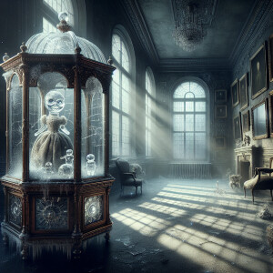 "Imagine a dimly lit, abandoned mansion room filled with dust an...