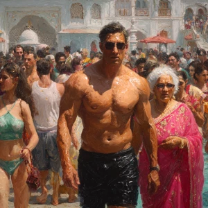 Photo Hyperrealism, painting,a muscular beefy kashmiri son in la...