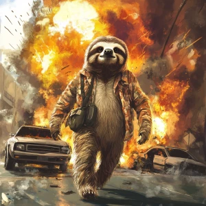 Sloths slerf meme..walking away from cars exploding, 90's clothi...