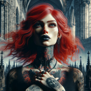 Red Headed Gothic Woman with Tattoos with a Cathedral in the bac...