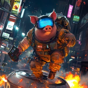 Stylized portrait of a futuristic pig in a scratched, bulky cosm...