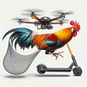 A drone drops a net on a rooster riding a Xiaomi scooter
