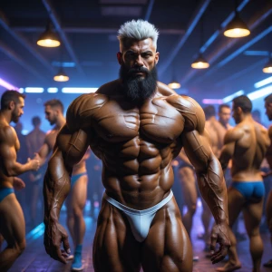 A hyper-realistic depiction of a muscular, mature bodybuilder ma...
